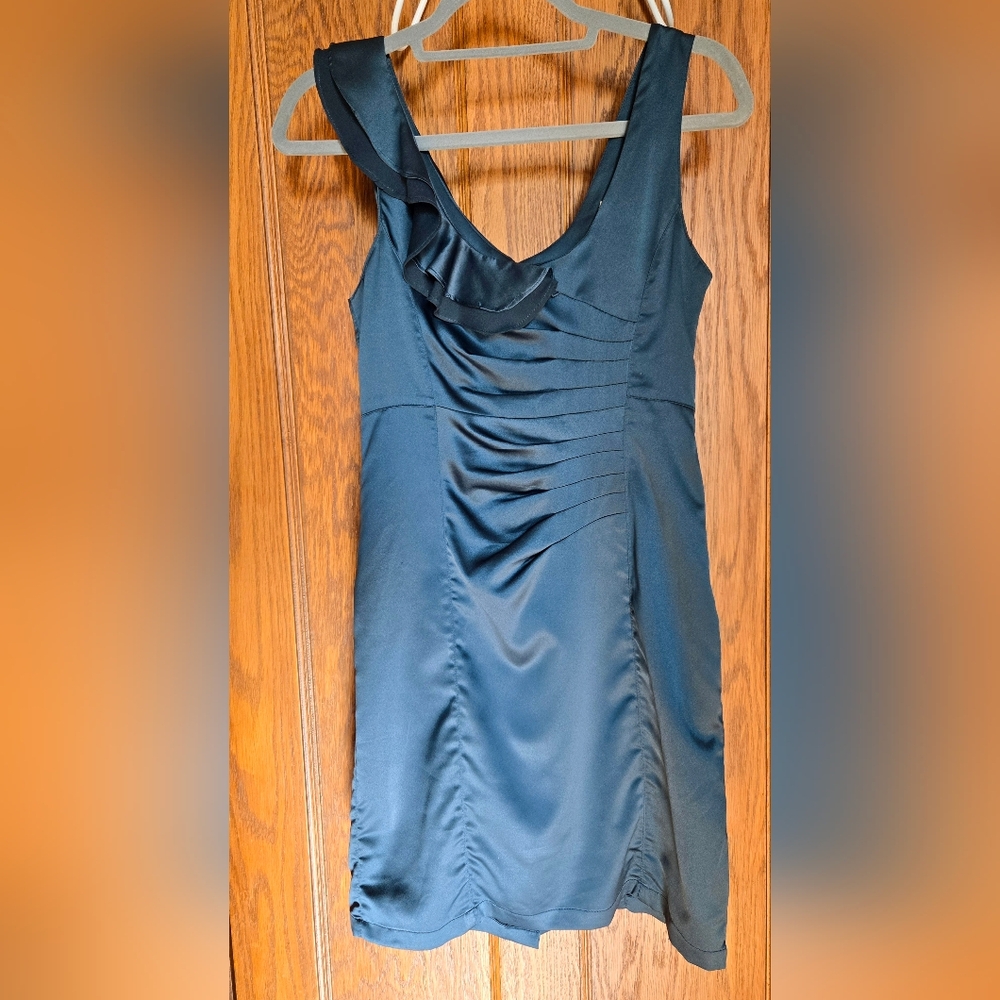 Esley Teal Silky Cocktail Dress With Ruffle